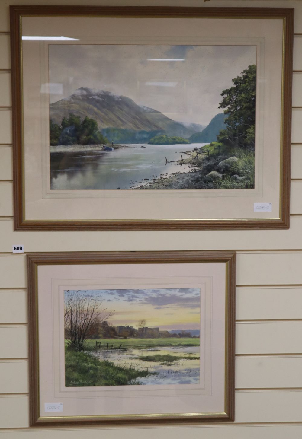 Andrew Dandridge, two watercolours, Amberley Sunset and Across Thirlmere to Helvellyn, Cumbria, both signed, 28 x 38cm and 39 x 56cm